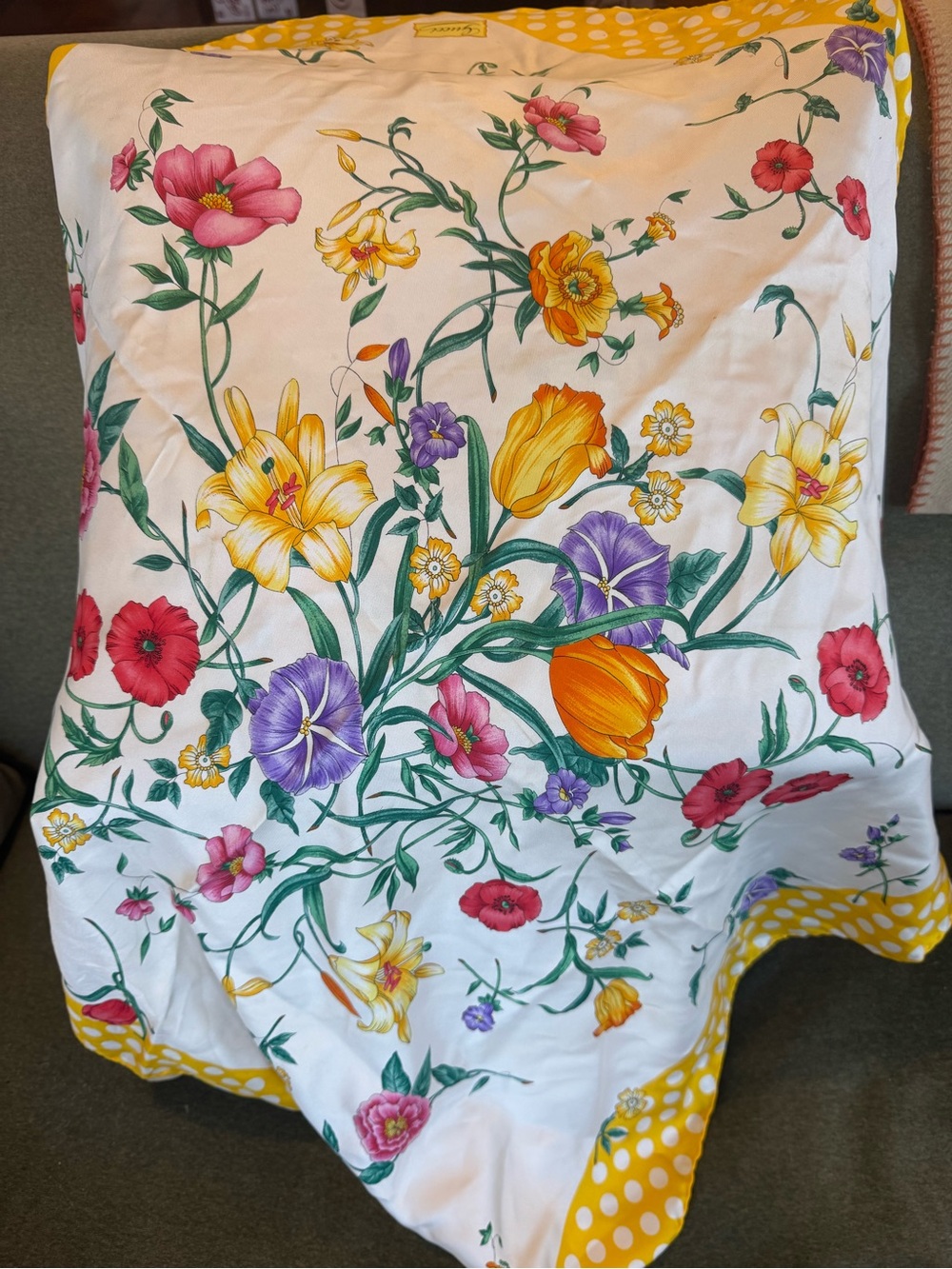 Gucci Yellow Polka Dot Floral Silk Scarf